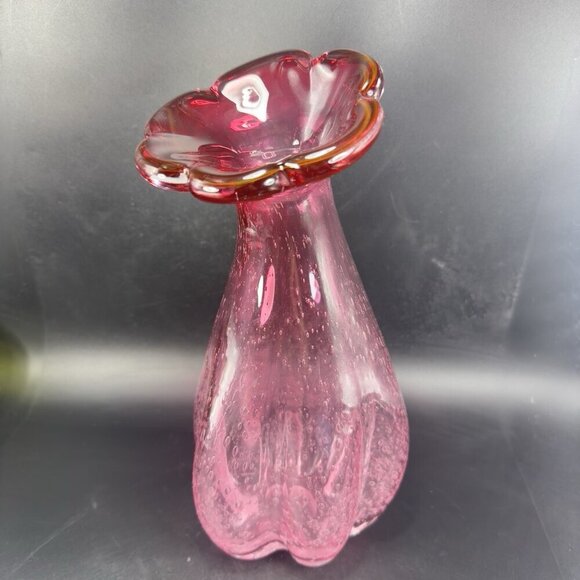 Large Art Glass Vase Vessel Pink Flower Shape Vas With Air Bubbles All Over Vase - Picture 11 of 16